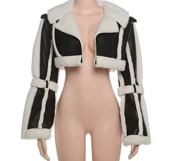 Women B&W Fashion Faux Leather Patchwork Two Piece Romper Set