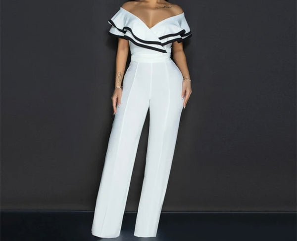 Women Sexy Striped Ruffled Off The Shoulder Short Sleeve Jumpsuit