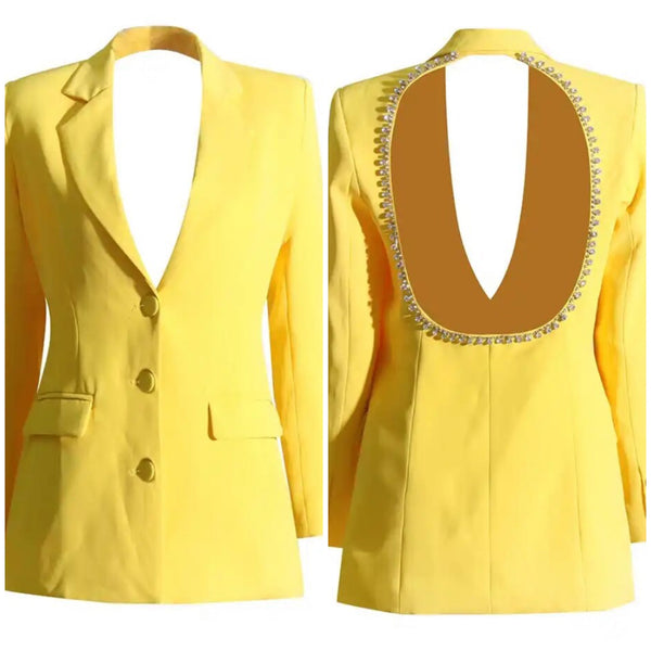 Women Fashion Button Up Open Back Rhinestone Blazer Top