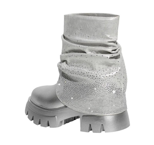 Women Silver Fashion Bling Ruched Ankle Boots