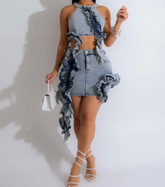 Women Sexy Sleeveless Ruffled Denim Two Piece Skirt Set