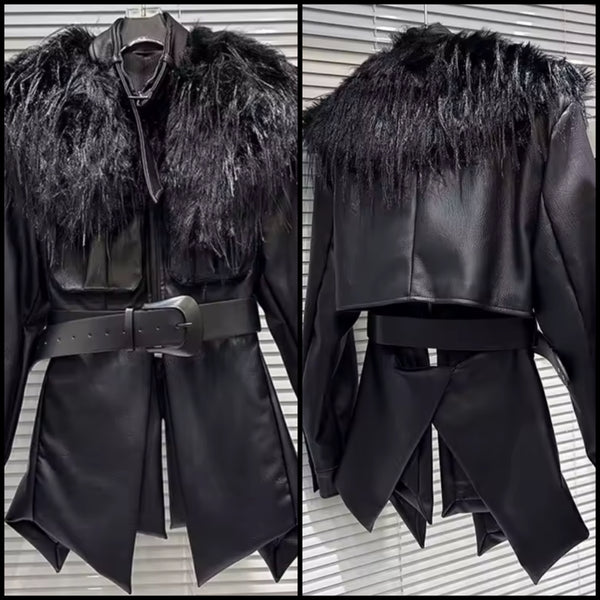 Women Black Fur Patchwork Faux Leather Open Back Jacket