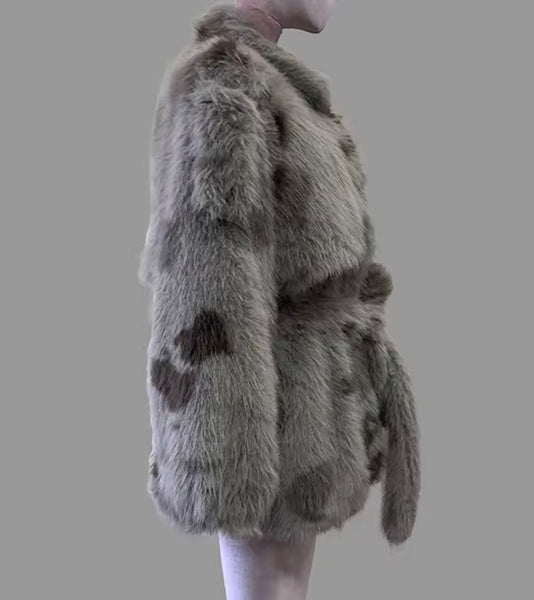 Women Fashion Gray Camouflage Faux Fur Jacket