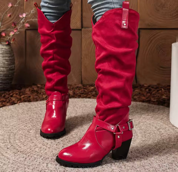 Women Fashion Buckled Chunky Heel Knee High Western Boots