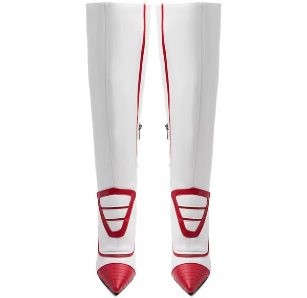 Women Fashion White/Red Pointed Toe Knee High Boots