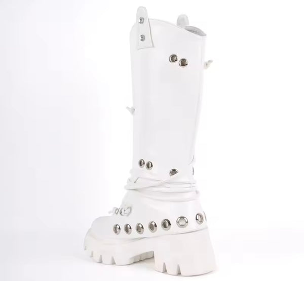 Women White Metal Ring Fashion Flat Knee High Boots