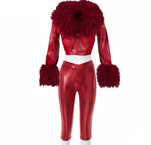 Women Fur Patchwork Fashion Faux Leather Two Piece Capri Pant Set
