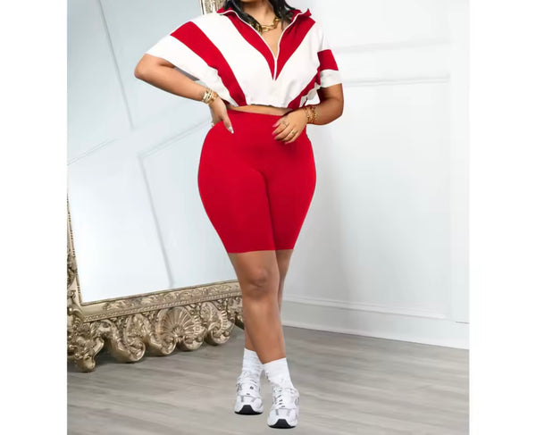 Women Fashion Color Patchwork Zip Up Short Sleeve Two Piece Short Set