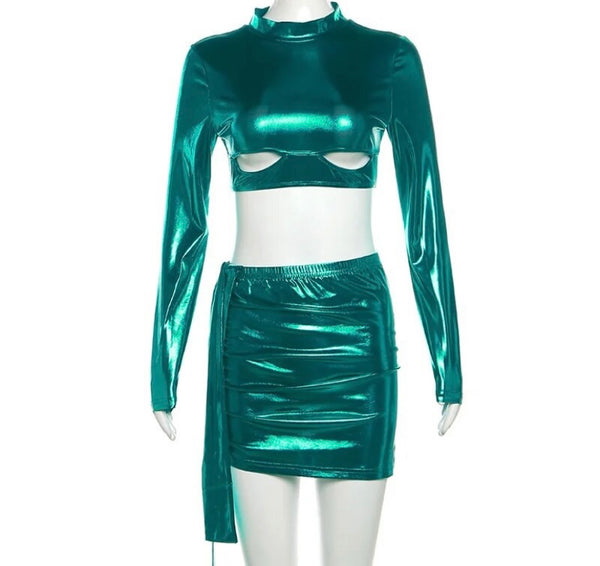 Women Sexy Green PU Full Sleeve Crop Two Piece Skirt Set