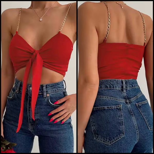 Women Red Chain Sleeveless Tie Up Fashion Crop Top