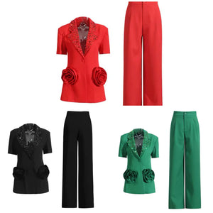 Women Sequins Short Sleeve Blazer Two Piece Pant Set