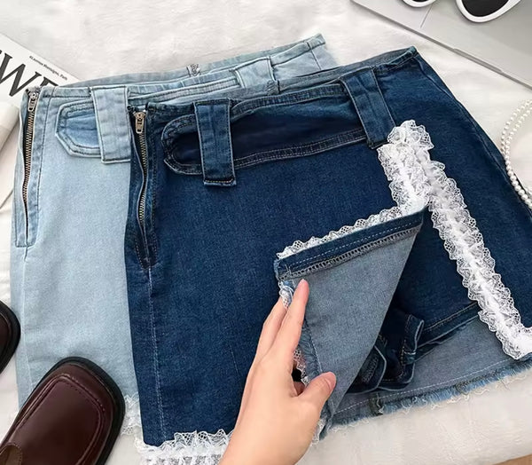 Women Sexy Fashion Lace Patchwork Denim Skirt