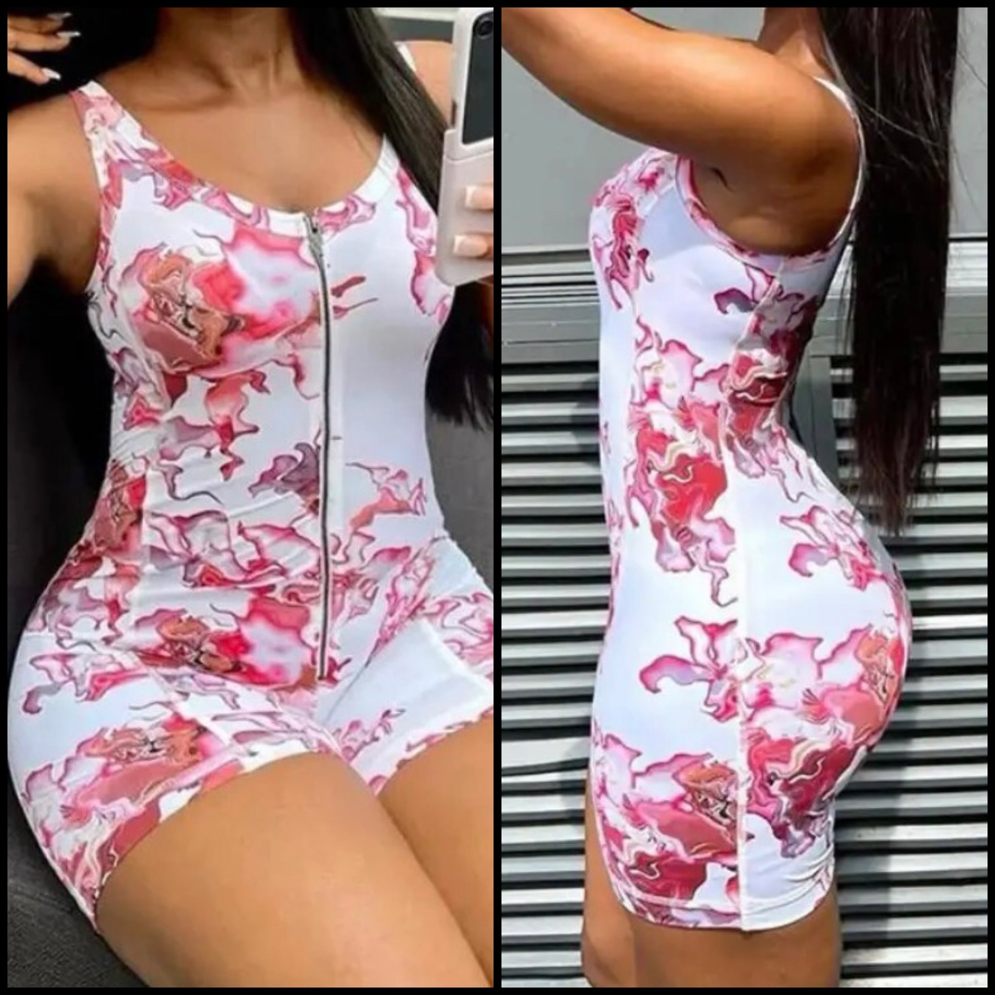 Women Printed Sleeveless Front Zipper Sexy Romper