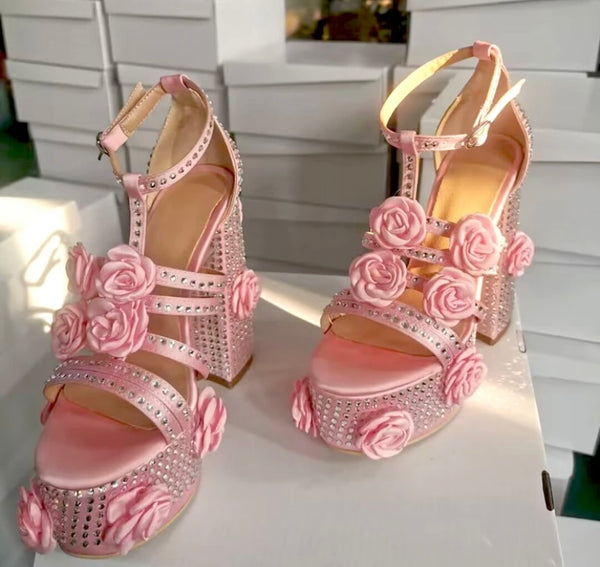 Women Fashion Pink Rose Platform Ankle Strap Sandals