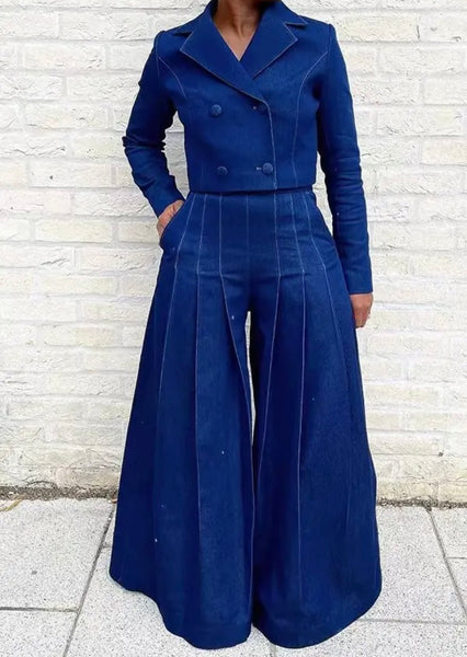 Women Fashion Denim Full Sleeve Blazer Two Piece Wide Leg Pant Set