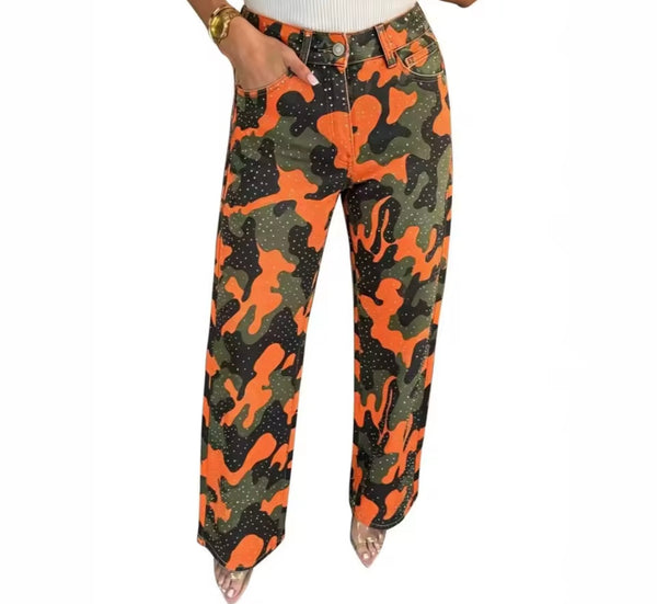 Women Fashion Color Camouflage Bling Denim Pants