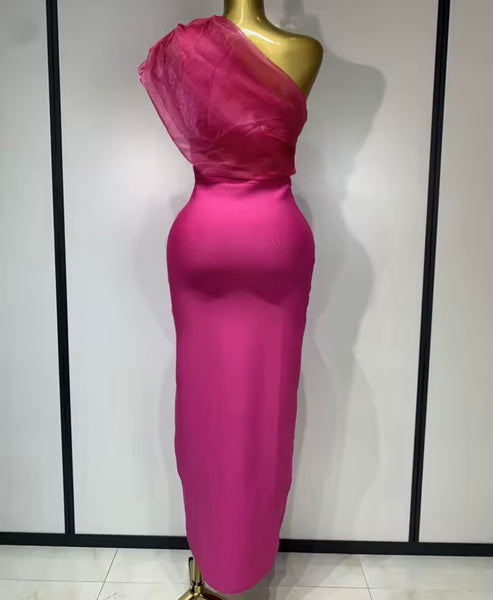 Women Sexy One Shoulder Mesh Sleeveless Crystal Maxi Dress