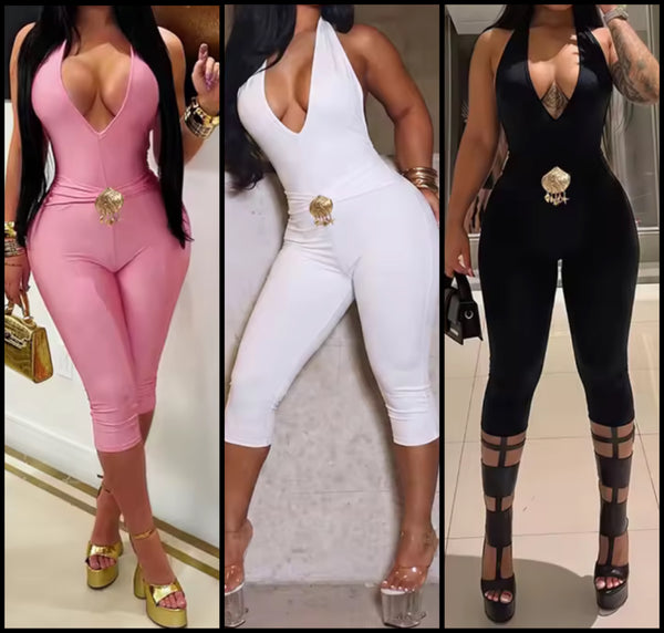 Women Halter Sleeveless Metal Sexy Capri Jumpsuit