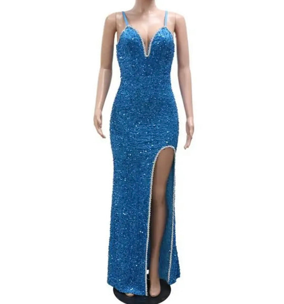 Women Sleeveless Sexy Sequins Rhinestone Patchwork Maxi Dress