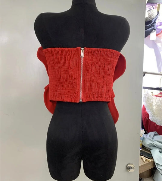 Women Sexy Strapless Red Floral Crop Top