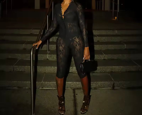 Women Sexy Black Lace Full Sleeve Two Piece Capri Pant Set