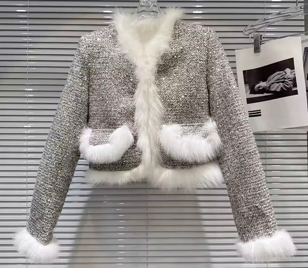 Women Fur Patchwork Sequins Fashion Tweed Jacket
