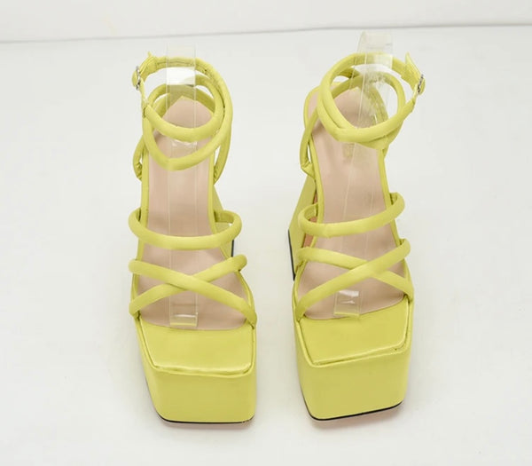 Women Fashion Square Toe Color Platform Ankle Strap Sandals