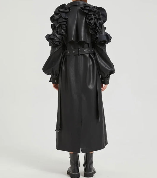 Women Color Ruffled Fashion Faux Leather Trench Jacket