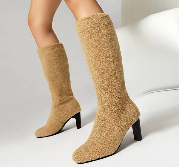 Women Color Fashion Wool High Heel Boots
