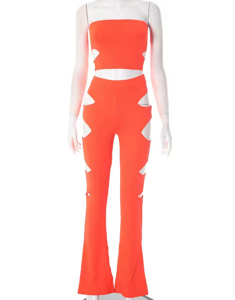 Women Sexy Strapless Cut Out Crop Two Piece Pant Set