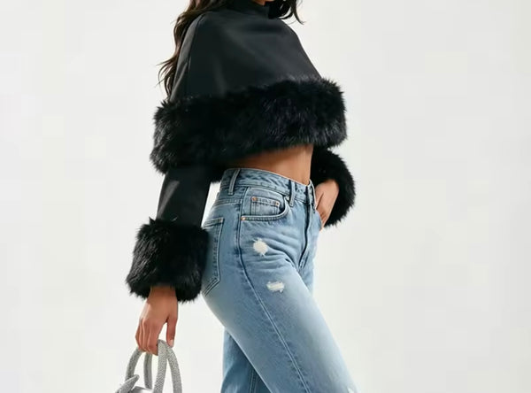 Women Fashion Fur Patchwork Full Sleeve Crop Top