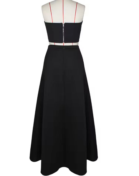 Women Sexy Button Up Strapless Color Patchwork Two Piece Maxi Skirt Set