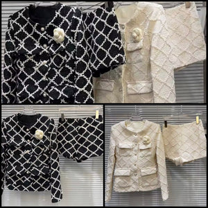 Women Tweed Floral Pin Full Sleeve Blazer Two Piece Short Set