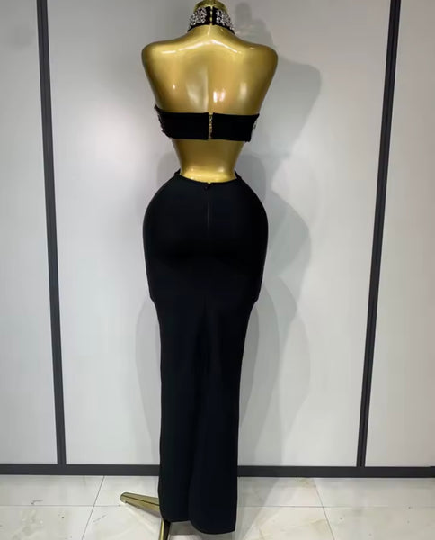 Women Sexy Sleeveless Black Crystal Cut Out Bandaged Maxi Dress