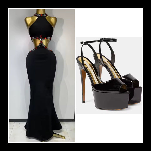 Women Sleeveless Black Color Crystal Sexy Cut Out Maxi Dress