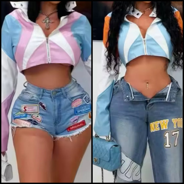 Women Fashion Color Patchwork Printed PU Zip Up Crop Jacket