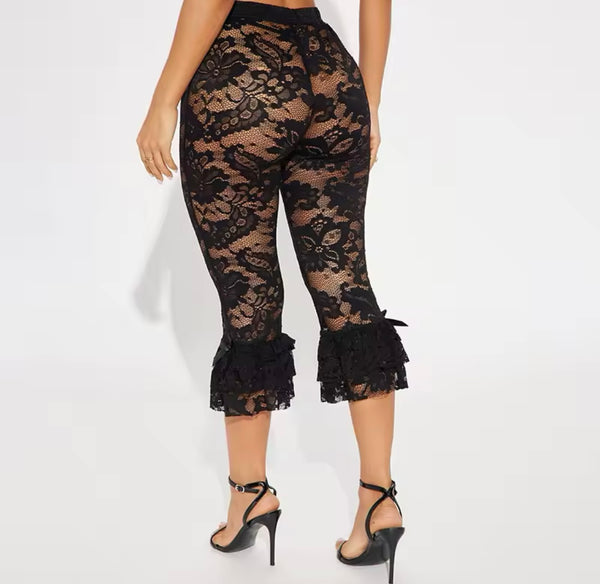 Women Sexy Fashion Color Ruffled Lace Pants