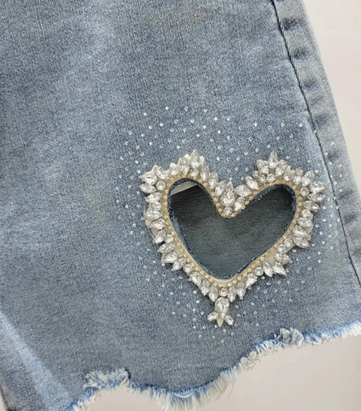 Women Fashion Bling Cut Out Heart Denim Shorts