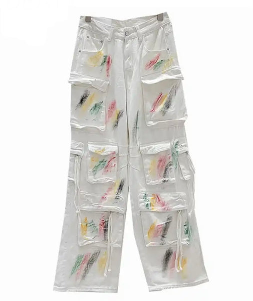 Women White Color Patchwork Cargo Denim Pants