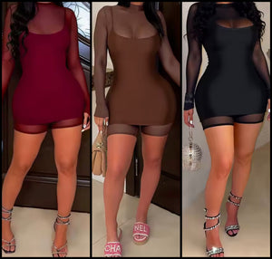 Women Sexy Mesh Patchwork Full Sleeve Dress