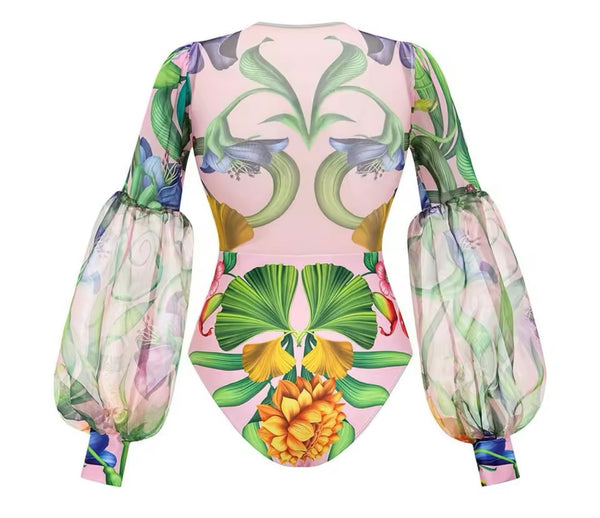 Women Sexy Multicolored Print Full Sleeve Swimsuit Cover Up Set