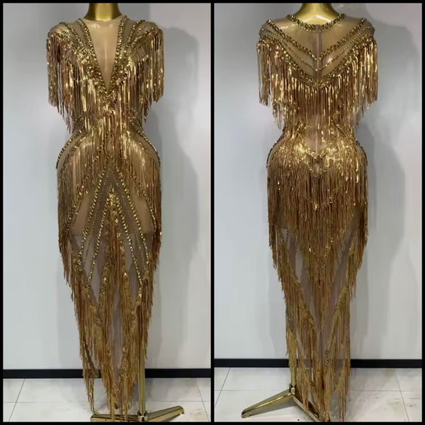 Women Sexy Sleeveless Gold Rhinestone Tassel Maxi Dress