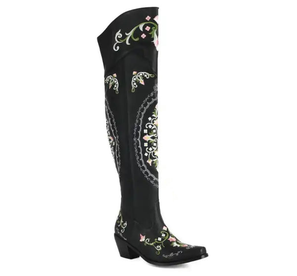 Women Fashion Floral Faux Leather Over The Knee Western Boots