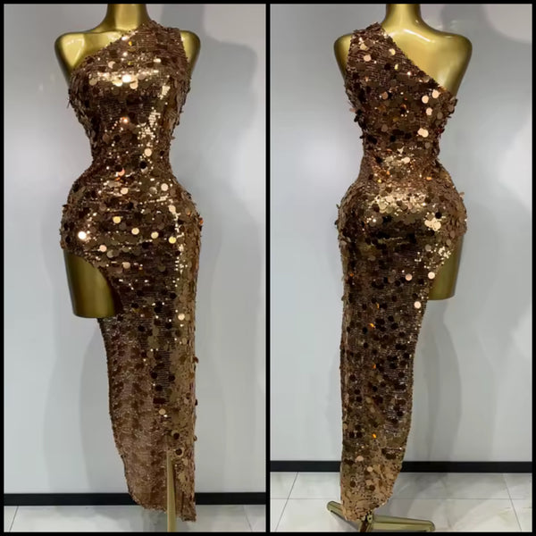 Women Sexy One Shoulder Gold Sequins Asymmetrical Dress