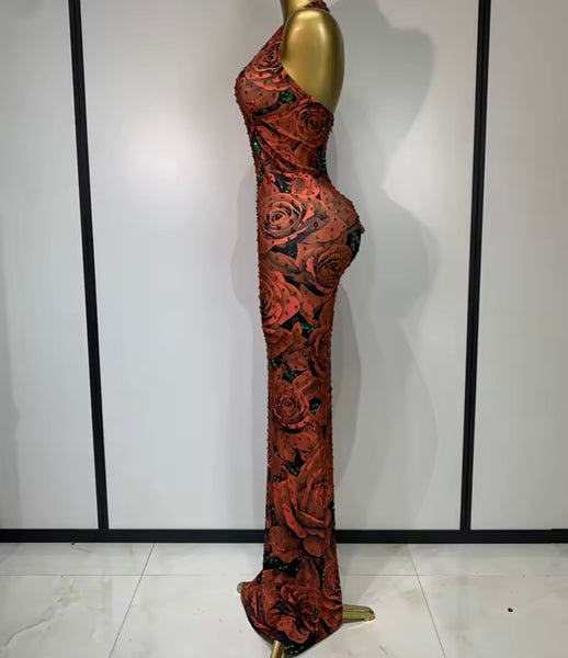 Women Sexy Halter Sleeveless Floral Rhinestone Maxi Dress