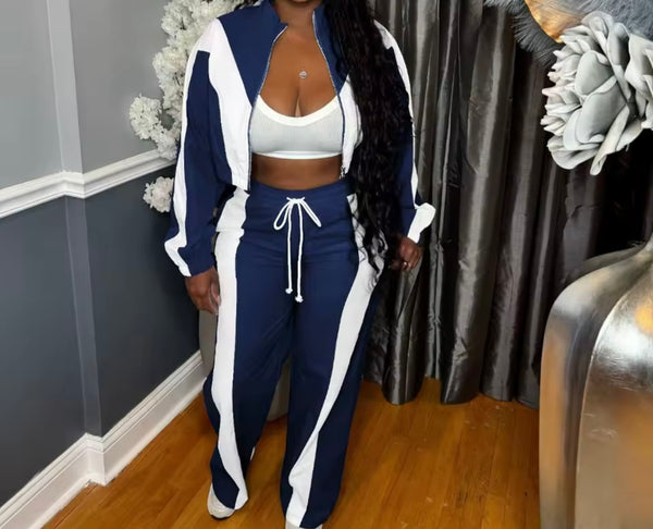 Women Fashion Zip Up Striped Tracksuit Two Piece Pant Set