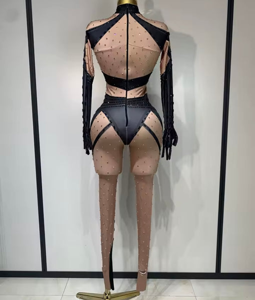 Women Rhinestone Color Patchwork Mesh Full Sleeve Jumpsuit