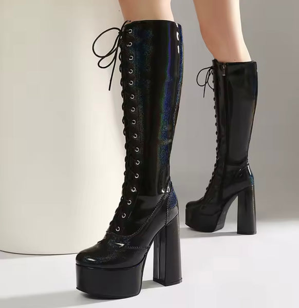Women Fashion Lace Up Platform High Heel Knee Length Boots