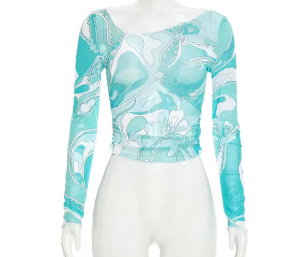Women Printed Mesh Full Sleeve Fashion Two Piece Pant Set