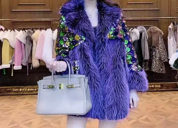 Women Purple Sequins Faux Fur Fashion Jacket